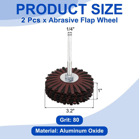 Two Pack Aluminum Oxide Flap Wheel Set, 3.2 Inch Diameter, One Quarter Inch Shank, 80 Grit Sanding Wheel, red finish