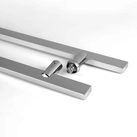 Close-up of 24 Inch Stainless Steel Door Handle Set With Solid Standoffs, Built To Last Heavy Duty Commercial Grade 304 Stainless, Push Pull Barn Door Pulls, Glass Pulls, Mirror Polished Chrome Finish