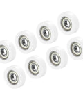 Dead Smooth White Nylon Pulley Wheels With Bulletproof 608ZZ Bearings, Killer Sliding Roller Tracks For No Fuss Drawer Glides And Cabinet Door Guides, 10x38x12mm 8 Piece Set, displaying eight wheels with bearings.