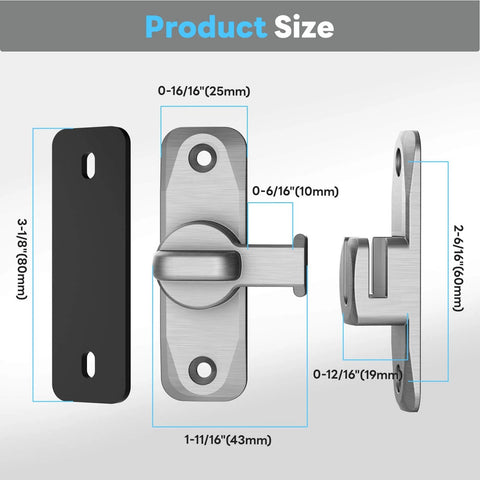 Dimensions of 90 and 180 Degree Barn Door Lock Built Tough Sliding Gate Latch, silver zinc alloy, front and side view with measurements