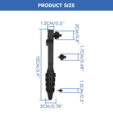 Heavy Hitter Ratchet Drill Chuck Key With Magnetic Quick Swap Heads shown with dimensions, universal fit for electric drills.