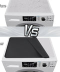 Heavy Duty Silicone Top Loader Protector Mat For Washer And Dryer Surface 27 X 27 Inch shows before and after use on washing machine.