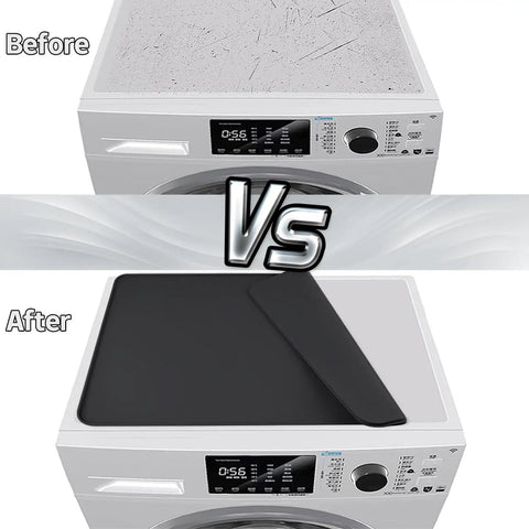 Heavy Duty Silicone Top Loader Protector Mat For Washer And Dryer Surface 27 X 27 Inch shows before and after use on washing machine.