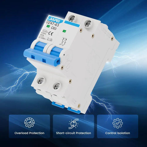 2 Pole 63 Amp DIN Rail Mounted Heavy Duty Circuit Breaker for 120V and 240V AC Circuits, C Curve Magnetic Trip With Thermal Magnetic Trip, Solar AC Disconnect Switch, Silver Alloy Contacts, Flame Retardant Housing, Overload Short Circuit Protection, blue toggle