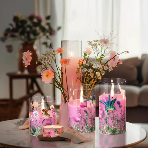 Set of 3 Pink Hummingbird Floral Glass Flameless Candles with remote timer flickering battery LED for cozy spring home decor