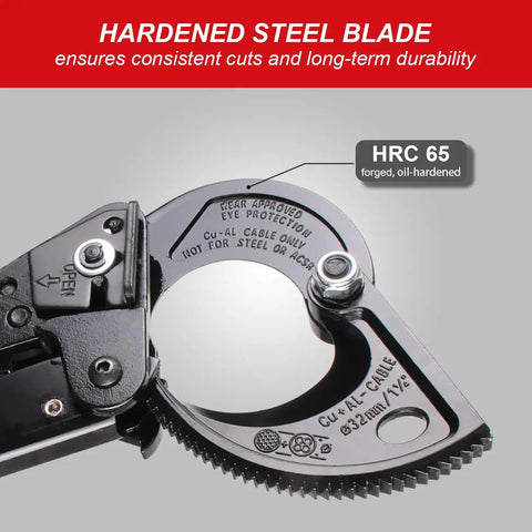 Heavy Duty Ratcheting Cable Cutter For Copper And Aluminum Wires Up To 240 Square Millimeters Clean No Crush Cuts Smooth Operation Pro Grade Hand Tool close-up of steel blade