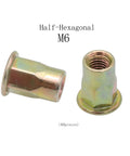 Top Shelf Carbon Steel Rivet Nuts M6 Thread Inserts Half Hex Nutsert Assortment Kit 60 Pieces Zinc Plated Yellow close-up view