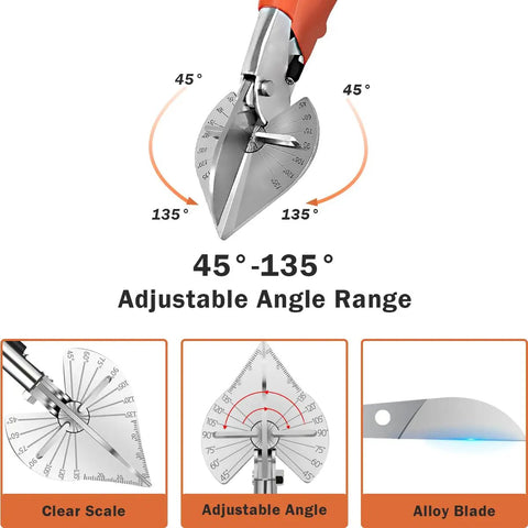 Multi Angle Miter Shear Cutter for Wood PVC and Molding Trim with 45 and 90 Degree Cutting Capability showing adjustable angles