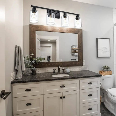 Bathroom with 4 Light Modern Bathroom Lighting Fixtures In Matte Black Finish With Clear Glass Shades For A Bright Warm Glow, Anti Rust Farmhouse Wall Sconces For Vanity, Bedroom, Kitchen And Cabinet, E26 Socket, Bulbs Not Included