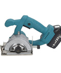 Pro Grade 18V Cordless Circular Saw Delivers Kickass Torque And Lightning Fast 11800 RPM Cuts Slices Hardwood With Ease Using A Rock Solid 4 Inch Blade Adjustable Bevel And Boss Level Handle, showing the saw's robust design and battery.