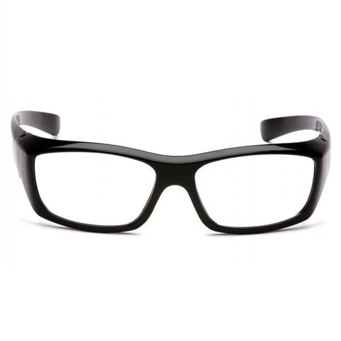 Front view of Emerge Full Reader Safety Glasses With 2.0X Reading Magnification Black Frame Clear Lenses Dual Lens Eye Protection