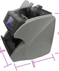 No Sweat Money Counter Machine With Legit Counterfeit Bill Detector and Mixed Value Sorting for cash handling, front view with dimensions.