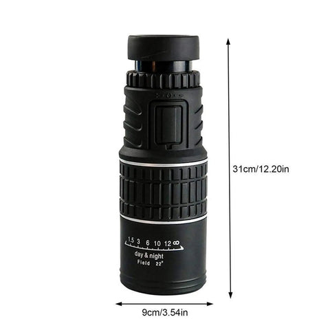 High Power 30x52 Mini Pocket Monocular With Adjustable Focus And BAK7 Prism for bright views, showing size in cm and inches.