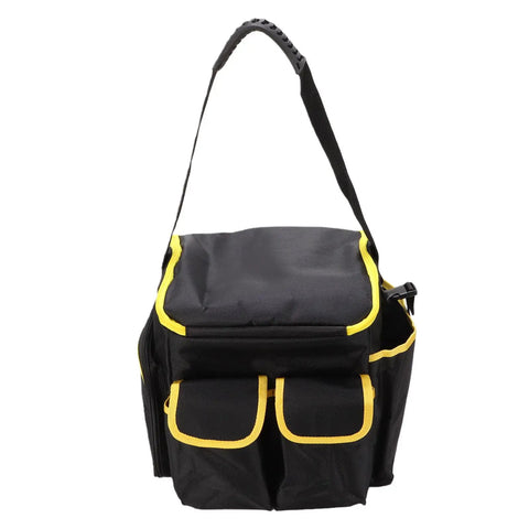 Heavy Duty Oxford Tool Organizer Bag With Removable Divider And Nonslip Rubber Feet Built Like A Tank For Tradesmen And Diy Crew Portable 20 Liter Carry Tote front view with adjustable shoulder strap