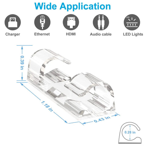 Clear Adhesive Cable Clips Set of 40 Medium Size No Drill Needed, Upgraded Wire Holders dimensions and uses shown
