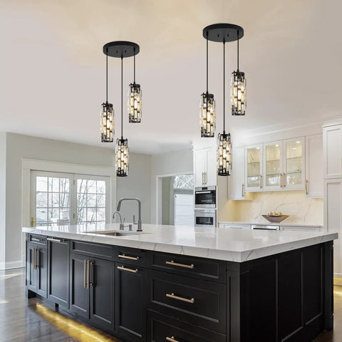 Kitchen with installed 3 Light Pendant Chandelier With Bulbs Included, Modern Crystal Hanging Light Fixture, Matte Black Island Lights