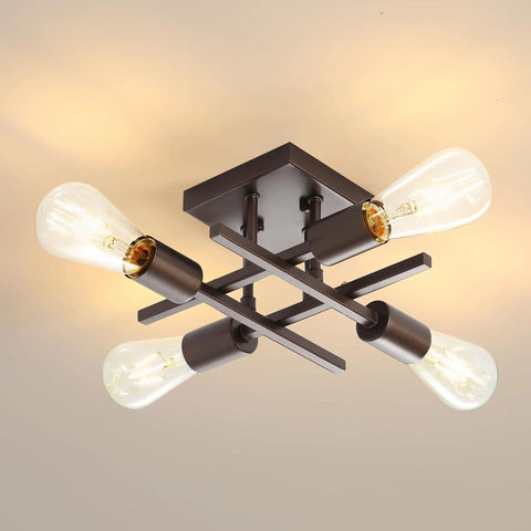 Industrial Four Light Semi Flush Mount Ceiling Light Fixture in Farmhouse Oil Rubbed Bronze Finish with E26 Sputnik Style Lamps