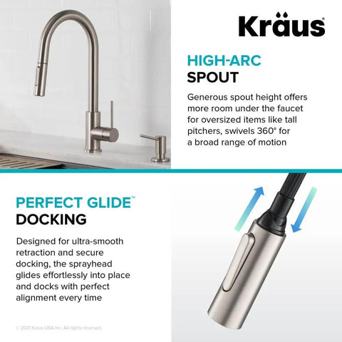 Contemporary Oletto Pull-Down Kitchen Faucet With Single Handle In Chrome Finish, high-arc and perfect glide docking features.