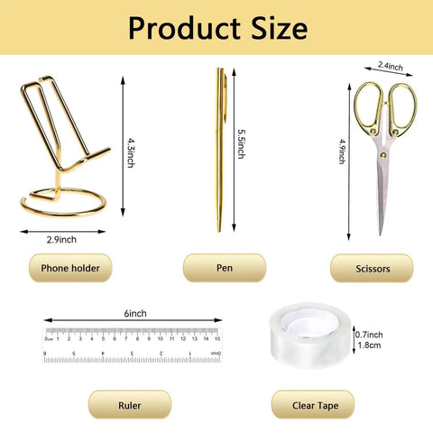Gold Office Desk Kit 13 In 1 With Stapler Tape Dispenser Pen Holder Scissors Size Guide - phone holder, pen, scissors, ruler, tape