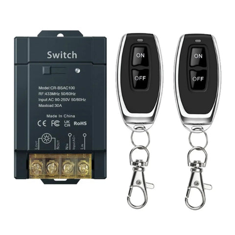 Beefy Wireless Remote Switch For Home, Farm And Workshop Lighting And Appliances, 433MHz Receiver, 110V To 240V, 30A Load, Includes 2 Transmitters, Easy Setup, Stable Control For Lights, Pumps, Irrigation And More. showing switch device with 2 remote control units