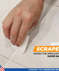 Hand using scraper to apply Two Tube Premixed Tile Grout Repair Kit White Acrylic Sanded Grout Filler For Bathroom Shower Kitchen Tiles.