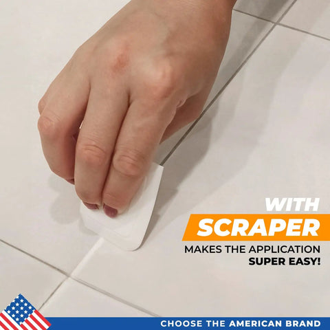 Hand using scraper to apply Two Tube Premixed Tile Grout Repair Kit White Acrylic Sanded Grout Filler For Bathroom Shower Kitchen Tiles.
