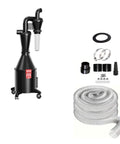 Badass Wall Mounted Cyclone Dust Collector Featuring Turbo Suction And Dual Filters Built Tough For Contractors Handling Woodshop Debris And Polishing Residue Like A Dream, with transparent hose and accessories.