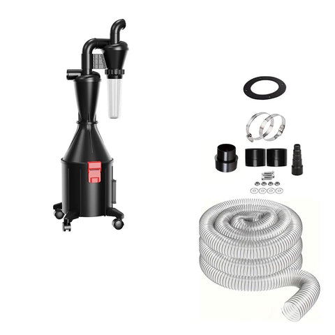 Badass Wall Mounted Cyclone Dust Collector Featuring Turbo Suction And Dual Filters Built Tough For Contractors Handling Woodshop Debris And Polishing Residue Like A Dream, with transparent hose and accessories.