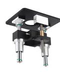 Rock Solid Aluminum Router Lift System For Dead Nuts Height Adjustment And Top Shelf Woodworking Control With Spot On Precision Above Table Setup For Tenoning Grooving Trim Black, close-up view of lift mechanism with precision rods and base.