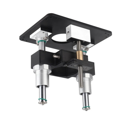 Rock Solid Aluminum Router Lift System For Dead Nuts Height Adjustment And Top Shelf Woodworking Control With Spot On Precision Above Table Setup For Tenoning Grooving Trim Black, close-up view of lift mechanism with precision rods and base.