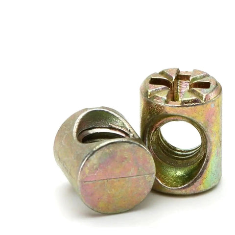 Close-up of Heavy Duty Barrel Nuts Set For Furniture Assembly M6 To M8 Cross Dowel Nuts With Slotted Hammer Embedded Fit Zinc Alloy.