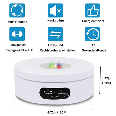YVV Rotating LED Display Stand With Colorful Lights Spinning Platform Electric Turntable For Jewelry Glass Art Watches Collectibles 4.72 Inch top view with controls.