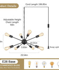 Gold Sputnik Chandelier With 8 Lights Dope Modern Industrial Pendant Ceiling Fixture, adjustable length diagram, bulbs not included