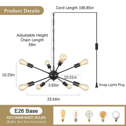 Sputnik 12 Light Chandelier Dope Brushed Nickel Modern Pendant Lighting dimensions with adjustable height and bulb types.