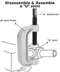 Acymner ball joint press tool; gray metal C-frame with screw and U-joint interface, front view