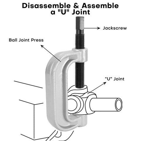 Acymner ball joint press tool; gray metal C-frame with screw and U-joint interface, front view