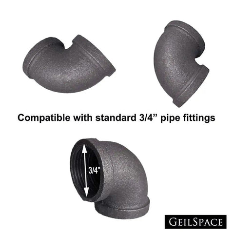 Elbow Pipe Fitting Three Quarters Inch Malleable Iron For DIY Industrial Shelving And Furniture Decor Vintage Grey Finish
