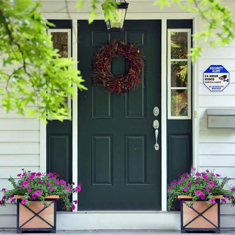 Home entry with 2 Pack Outdoor Security Camera Signs for Home or Biz, Video Surveillance Signage Featuring UV Printed 40 Mil Aluminum, 10x10 inches
