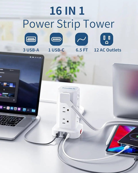 Dope 16 In 1 Tower Power Strip With USB C And USB A Ports, 12 AC Outlets, shown charging devices on a desk setup