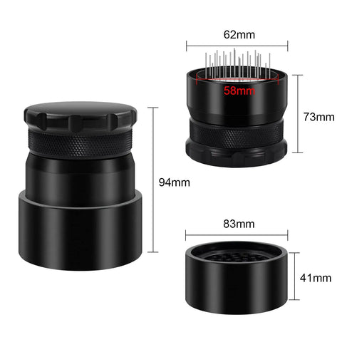 Espresso WDT Tool With 22 Needles For 58mm Portafilters, black barista-grade tool shown with measurements and components