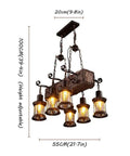 Rustic Farmhouse Linear Pendant Light With Wood Beam, Industrial Island Chandelier, 6 lights, 55 cm, adjustable height, E26 compatible