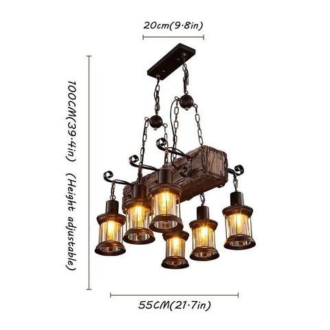 Rustic Farmhouse Linear Pendant Light With Wood Beam, Industrial Island Chandelier, 6 lights, 55 cm, adjustable height, E26 compatible