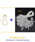 Top Shelf Hang Tag Fasteners With White Nylon String Ties And Gold Metal Security Safety Pins Bulk Kit For Retail Apparel Display Boutique Clothing Price Cable Accessories, includes 500 safety pins and 500 cords.