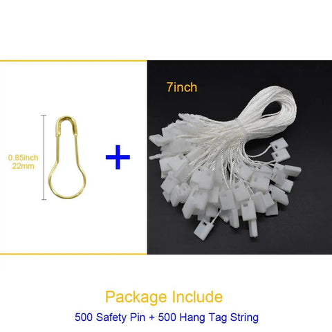 Top Shelf Hang Tag Fasteners With White Nylon String Ties And Gold Metal Security Safety Pins Bulk Kit For Retail Apparel Display Boutique Clothing Price Cable Accessories, includes 500 safety pins and 500 cords.