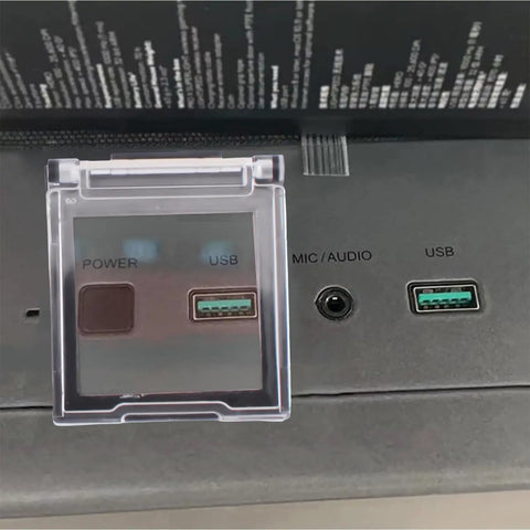 Close-up of 2 Pack PC Power Button Covers, Dustproof Safety Push Button Guards for Computers on power and USB ports.