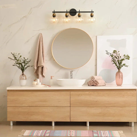 Black And Gold 4 Light Vanity Lights With Clear Globe Shade For Farmhouse Modern Bathroom Over Mirror, installed above sink