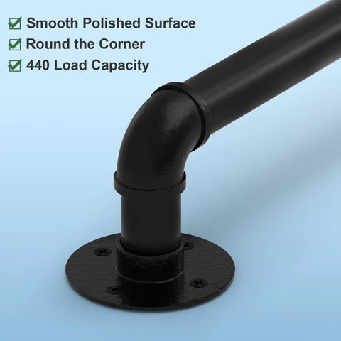 Close-up of a 14 Ft Heavy Duty Pipe Stair Handrail Built Like A Tank Black Metal Railing with polished surface and corner joint design.