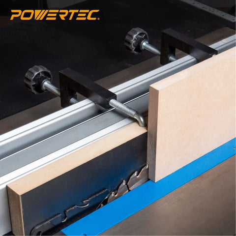 Heavy Duty 40 Piece Universal Fence Clamps For Woodworking With Durable Steel Threaded Rods in use on a table saw with wood.