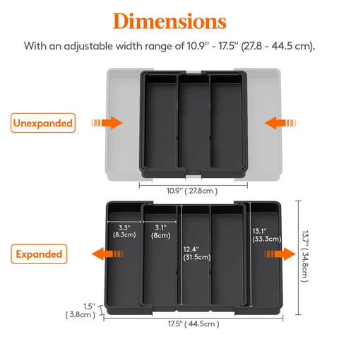Expandable Utensil Drawer Organizer For Kitchen Drawers With Adjustable Cutlery Tray And Silverware Holder Plastic Spatula Tools Storage Divider Retractable 11 To 18 Inch Wide And 14 Inch Deep Black dimensions showing unexpanded and expanded sizes.