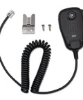 Rugged Handheld Microphone Speaker MH-48A6J with PTT Button for Yaesu Ham Radios including cable and mounting accessories.